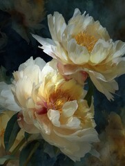 Poster - Elegant Pale Yellow Peonies in Full Bloom Against a Dark Backdrop, Symbolizing Beauty and Floral Design Inspiration : Generative AI