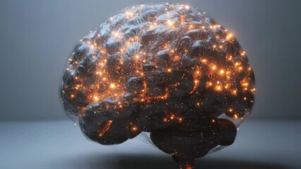 Poster - A human brain model with glowing neural connections, representing active synapses and brain activity in a scientific visualization.
