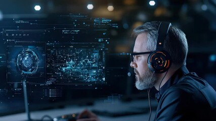 Poster - A man with headphones intently works at a computer, interacting with futuristic digital holographic interfaces.