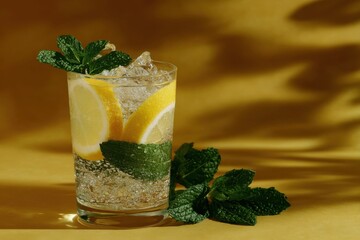 Aufkleber - Refreshing Lemonade With Mint and Ice Cubes in Glass, Representing Summer Coolness and Thirst Quenching Beverage, Perfect for Food and Drink Blog : Generative AI