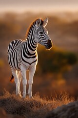 Poster - Striking Zebra Standing Tall on a Hill at Sunset, Showcasing Wildlife Conservation and the Beauty of Nature : Generative AI