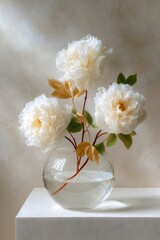 Poster - Elegant White Peonies in Glass Vase on White Table, Symbolizing Purity and Beauty for Interior Design and Home Decor Inspiration : Generative AI