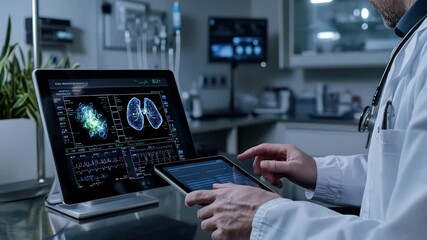 Poster - A doctor reviews advanced medical imaging and analytics on a touchscreen tablet and monitor in a modern clinical setting.