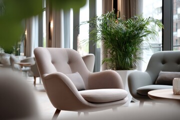 Poster - Elegant Armchairs in a Modern Lobby With Natural Light, Showcasing Interior Design and Relaxing Hospitality : Generative AI