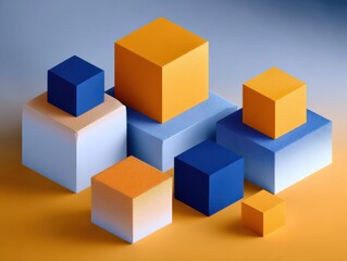 Poster - Geometric Cubes in Blue, Orange, and White, Representing Structure and Foundation for Business Strategy and Corporate Solutions : Generative AI