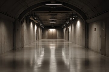 Poster - Dimly Lit Concrete Hallway With Doors, Showcasing Industrial Architecture and Infrastructure Projects, Ideal for Urban Exploration and Mystery : Generative AI