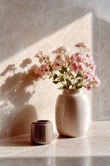 Poster - Pink Flowers in Vase on Marble Surface in Morning Light, Representing Home Decor and Interior Design Trends : Generative AI