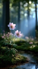 Aufkleber - Delicate Pink Anemone Flowers Glowing Near Forest Stream, Symbolizing Natural Beauty and Environmental Awareness for Conservation Campaigns : Generative AI