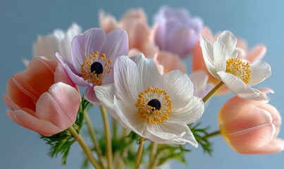 Aufkleber - Pastel Anemone and Tulip Bouquet Against Soft Blue, Symbolizing Springtime Joy and Floral Design Inspiration : Generative AI