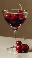 Aufkleber - Cherries in Cocktail Glass With Gold Rim, Evoking Luxury and Summer Refreshment for Food and Beverage Advertising : Generative AI