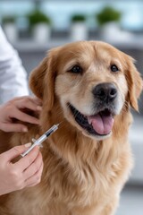 Poster - Golden Retriever Receiving Vaccination From Veterinarian, Emphasizing Pet Healthcare and Animal Welfare : Generative AI
