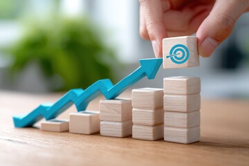Poster - Hand Placing Target Block on Wooden Growth Chart, Symbolizing Business Goals and Career Advancement, with Focus on Strategy and Financial Success : Generative AI