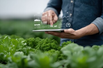 Poster - Farmer Analyzing Data on Tablet in Greenhouse, Showcasing Agricultural Technology and Precision Farming for Sustainable Growth and Innovation : Generative AI