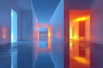 Aufkleber - Abstract Hallway With Blue and Orange Lights, Reflecting Innovation and Architectural Design for Future Concepts : Generative AI