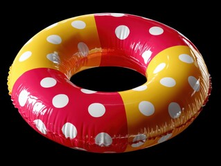 Poster - Polka Dot Swim Ring in Red and Yellow on Black, Symbolizing Summer Fun and Vacation Getaways : Generative AI