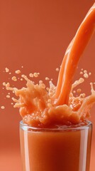 Poster - Orange Juice Pouring Into Glass With Splash, Representing Refreshment and Healthy Lifestyle Choices, Ideal for Food and Beverage Advertising : Generative AI