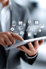 Poster - Man Using Tablet With Digital World Map and Icons, Representing Global Business and Digital Transformation in the Workplace : Generative AI