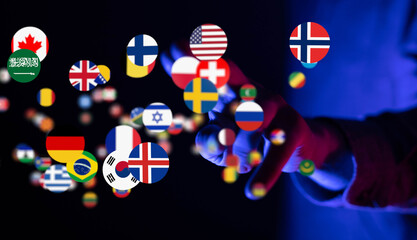 Poster - Hand interacting with floating flags, symbolizing global connections and international communication.