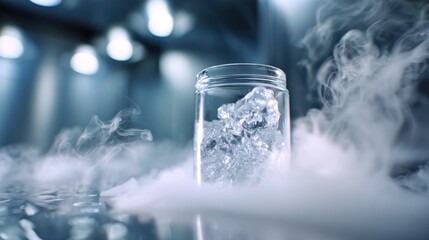 Poster - Ice Chunks in Glass Jar Surrounded by Vapor, Evoking Scientific Discovery and Cold Storage Solutions : Generative AI