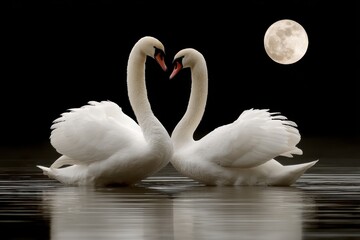 Poster - Pair of Swans Forming Heart Shape Under Full Moon, Representing Romance and Anniversary Celebration, Ideal for Wedding Invitation : Generative AI