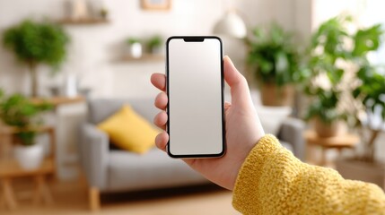 Poster - Hand Holding Smartphone With Blank Screen in Bright Living Room, Showcasing Mobile Technology and Digital Lifestyle : Generative AI