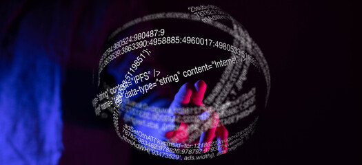 Poster - Abstract image of a hand interacting with a digital sphere of code, representing the internet.
