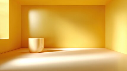 Poster - Golden Cylinder in Empty Room With Sunlight, Representing Minimalism and Product Showcase for Marketing Campaigns and Interior Design : Generative AI