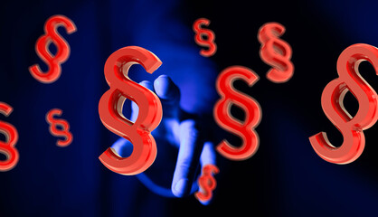 Poster - Red paragraph symbols fly towards a hand, symbolizing legal concepts and law.