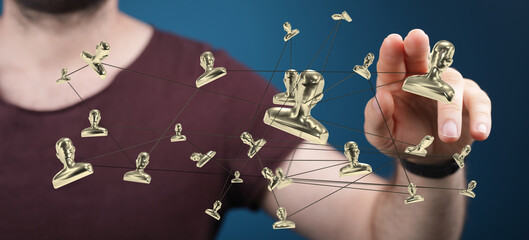 Poster - Image of a person interacting with a network of golden profile icons, representing business connections and social networking.