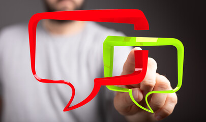 Poster - Abstract image of a person interacting with colorful speech bubbles, representing communication and dialogue.