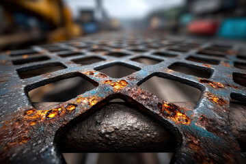 Macro shot of perforated steel mesh surface with industrial patina