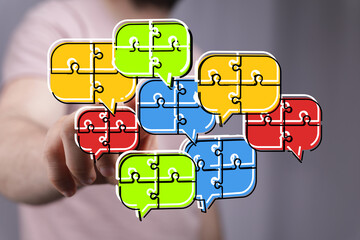 Poster - Colorful puzzle pieces shaped as speech bubbles represent teamwork, communication, and problem-solving.