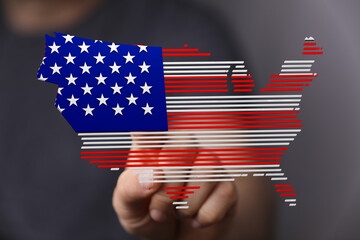 Poster - Patriotic graphic of the United States map designed with American flag colors. Perfect for Independence Day.