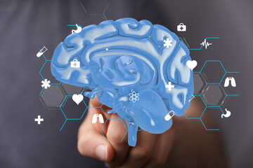 Poster - 3D brain model with medical icons.  Perfect for healthcare, neurology, and medical concepts.