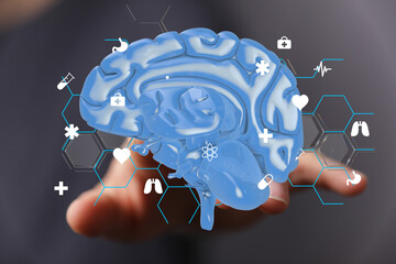 Aufkleber - 3D model of human brain with medical icons.  Perfect for healthcare, neurology, and medicine.
