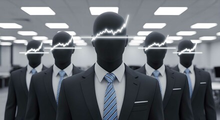 Aufkleber - Group of business man in suit with neon brainwave graph over their face. Artificial intelligence and mind control concept.