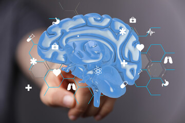 Aufkleber - 3D model of a human brain with medical icons.  Perfect for healthcare, neurology, and medicine.