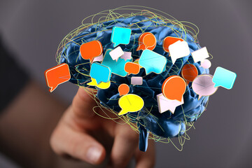 Poster - Abstract image of a brain with speech bubbles, representing communication, ideas, and thoughts.