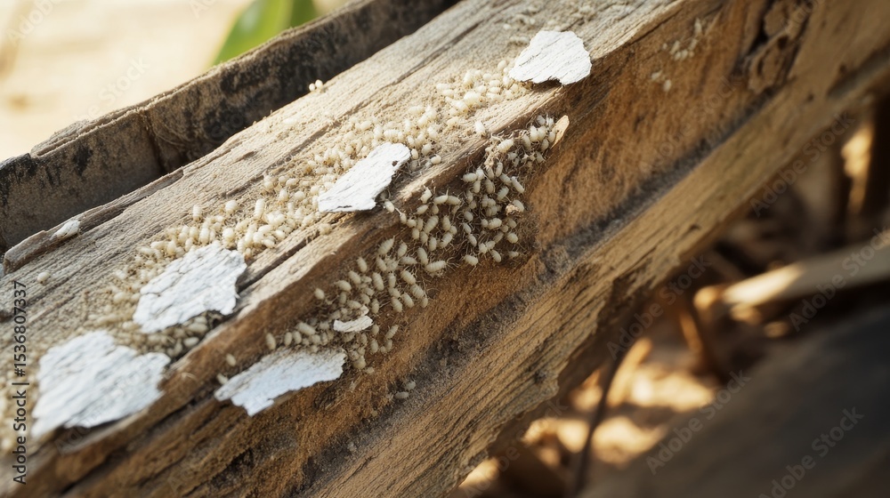 Detailed macro view of rotten wood severely damaged by termites ...