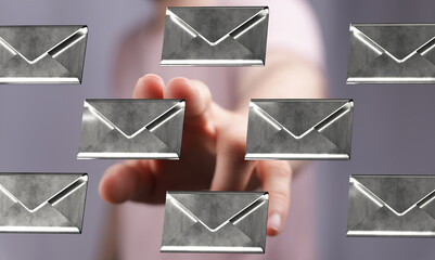 Poster - Abstract image of a hand reaching for floating email icons.  Perfect for communication, technology, or online concepts.