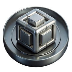 Aufkleber - A modern three-dimensional metallic cubical structure with four squares inside with a reflective finish over a round base