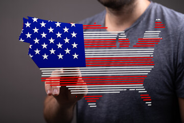 Poster - Interactive digital map of the United States, American flag design.