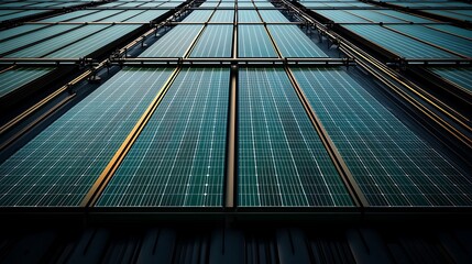 Solar panels array reflecting sunlight on surface