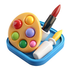 Poster - Colorful 3d illustration of makeup tools and paint palette art supplies arranged inside a tray
