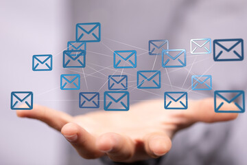 Poster - Hand holding network of email icons.  Digital communication, global network, internet connection concept.