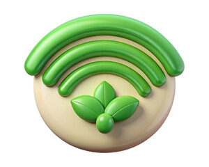 Poster - Modern 3d rendering of a green wireless signal icon stylized with fresh leaves in a plastic-style composition for internet and nature concepts