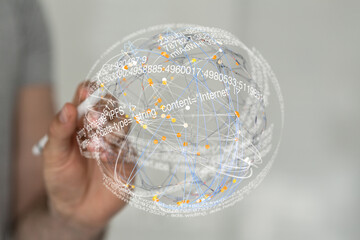 Poster - Abstract image depicting a hand interacting with a digital sphere representing global data connections and networks.