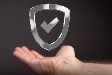 Poster - a hand holds a transparent digital shield with a checkmark, symbolizing data protection and security