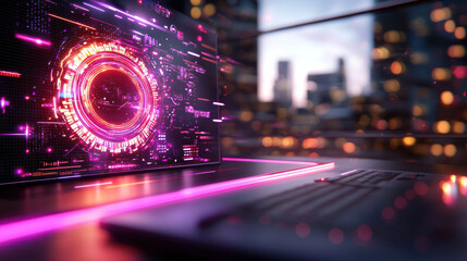 Fototapete - Futuristic laptop displaying vibrant digital graphics in cityscape setting, showcasing advanced technology and innovation. glowing elements create engaging atmosphere