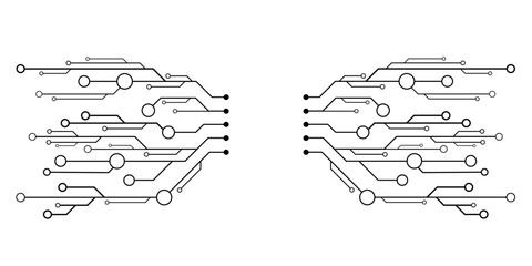 Poster - Hi-tech circuit network with black lines and nodes on white background. Futuristic symmetrical interconnected chip for your technology design. UI graphic elements. Vector illustration.